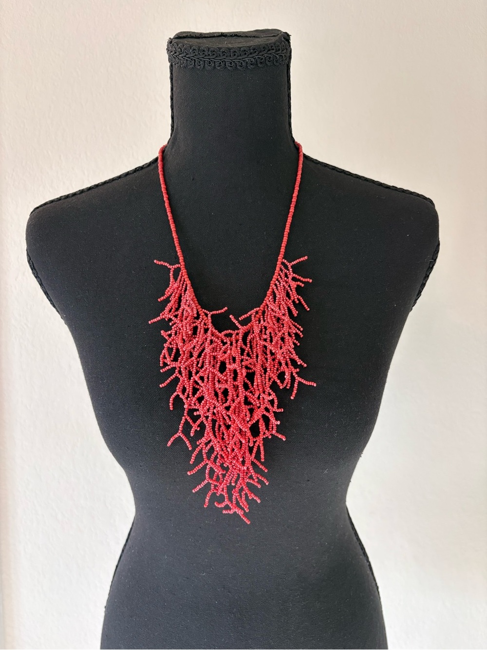 Lord &Taylor Red Beaded "Coral" Fringe Statement Necklace Y2K EUC